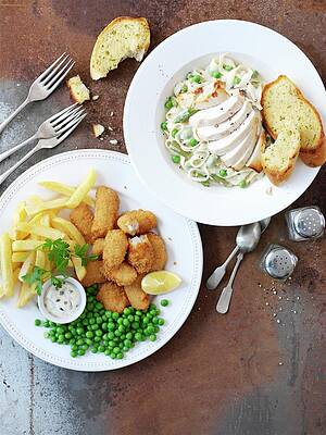 Breaded Scampi With Chips And Peas, And Ribbon Pasta With Chicken And Peas Print