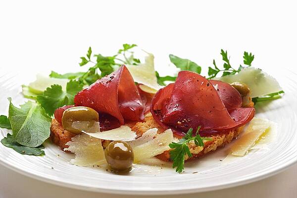 Bresaola On Bruschetta With Parmesan, Olives And Sald Print