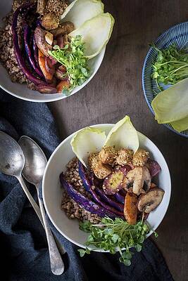 Buckwheat, Vegetables, Sesame Seed Tofu And Cress In Bowls On A Wooden Table With A Linen Cloth And Vintage Spoons Print