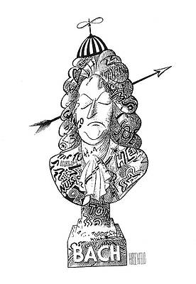 Music Drawing - Bust Of Bach Vandalized by Al Hirschfeld