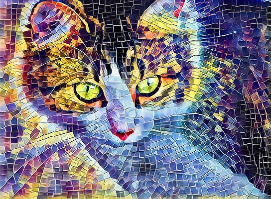 Happy Digital Art - Cat Mosaic Yellow Eyes by Don Northup