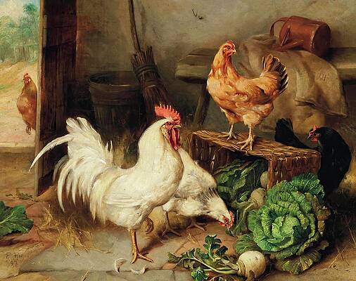 Chicken Painting - Chickens And Cockerel In A Barn by Edgar Hunt