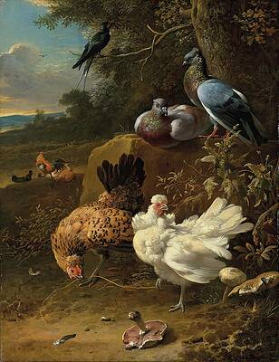 Chicken Painting - Chickens And Pigeons In A Landscape by Melchior D'hondecoeter