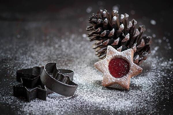 Christmas Cookie In Front Of A Pine Cone, Old Cookie Cutter Print