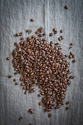Coffee Beans On A Grey Linen Cloth Print