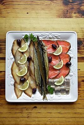 Cold Fish Platter With Herring, Salmon, Whitefish And Olives Russia Print