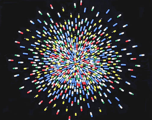 Wall Art featuring the photograph Coloured Medicine Capsules Arranged In by Paul Taylor