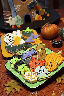 Colourful Halloween Biscuits And Halloween Decorations Print