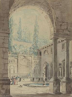 Hubert Robert Painting - Courtyard Of The Villa Pliniana by Follower Of Hubert Robert