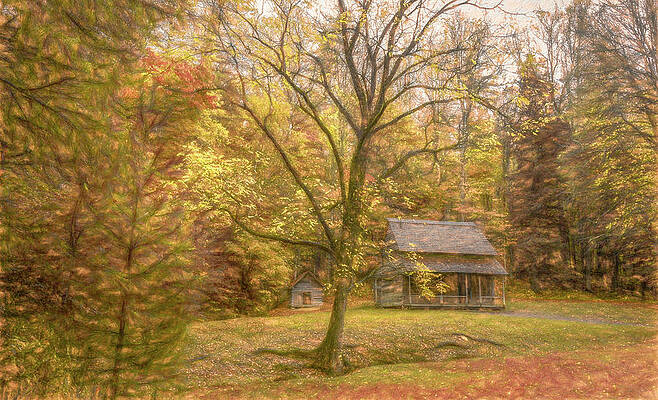 Vibrant Wall Art featuring the photograph Cozy Mountain Log Cabin by Marcy Wielfaert
