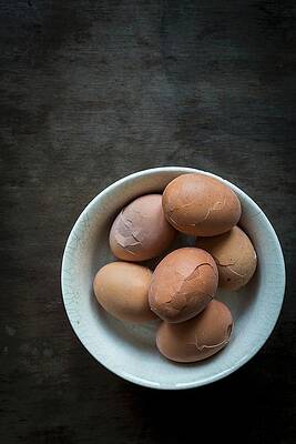 Cracked Eggs For Pickled Eggs In A Ceramic Bowl On A Wooden Table Top Print