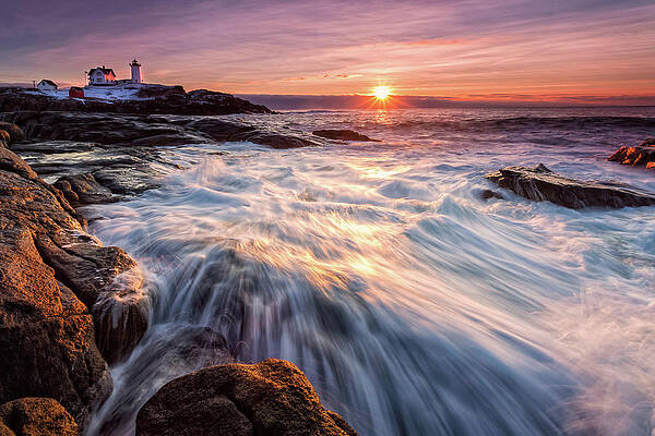 Photograph - Crashing Waves At Sunrise, Nubble Light. by Jeff Sinon
