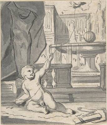 Monochrome Drawing - Cupid With A Bird On A String by Joseph Werner The Younger