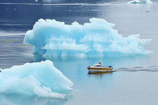 Small Digital Art - Denmark, Greenland, Narsaq, Small Boat Among Icebergs, Fjord Narsaq by Uwe Niehuus