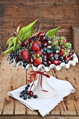 Dish Of Berries On Wooden Table Print