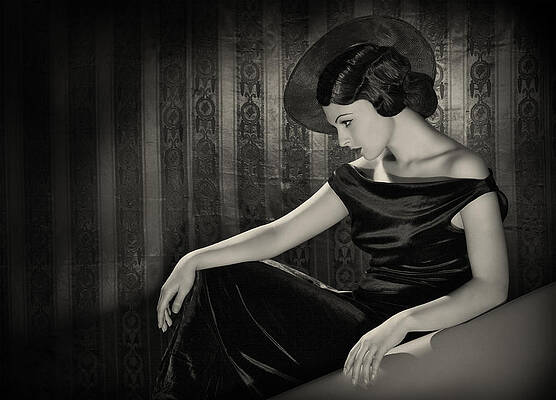Wall Art featuring the photograph Diva With The Hat In Film Noir Style by Retroatelier