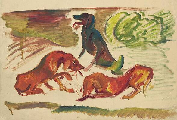 Dynamic Dogs in a Vibrant Landscape Painting
