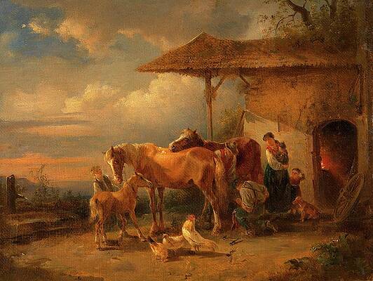 Chicken Painting - Dorfschmiede by Friedrich August Matthias Gauermann
