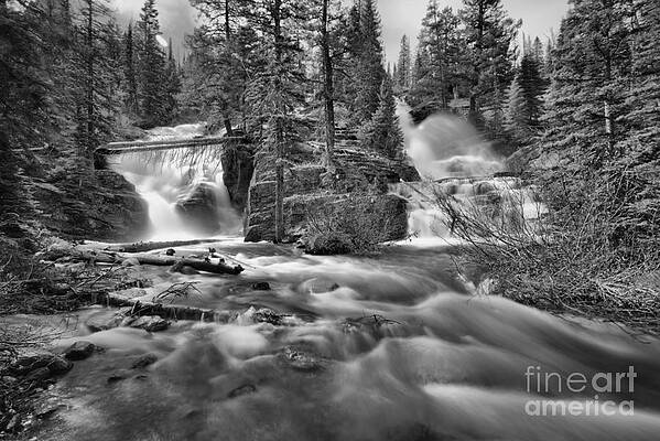 Wall Art featuring the photograph Double Falls At Glacier Park Black And White by Adam Jewell