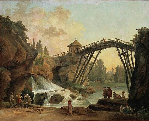 Hubert Robert Painting - Draughtsman Drawing The Wooden Bridge In The Park by Hubert Robert