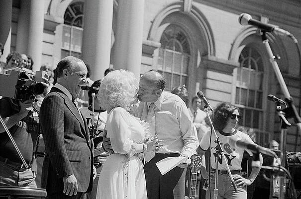 Wall Art featuring the photograph Ed Koch And Dolly Parton At City Hall by Art Zelin