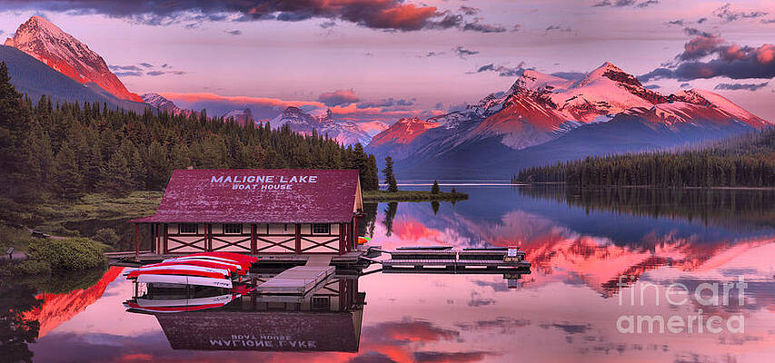 Wall Art featuring the photograph Maligne Lake Sunset Magic by Adam Jewell