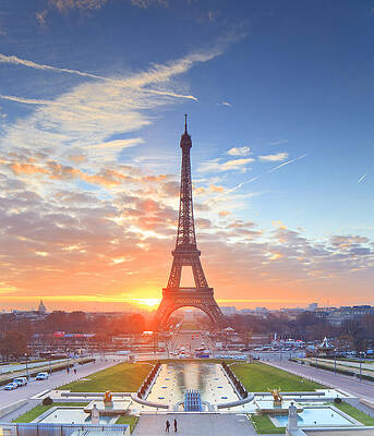 Fountain Wall Art featuring the digital art Eiffel Tower In Paris At Sunset by Luigi Vaccarella