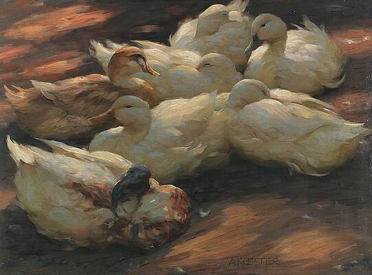 Flock Painting - Enten Am Boden Lagernd by Alexander Koester