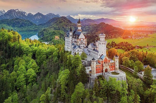 Atmospheric Wall Art featuring the digital art Evening Mood With Neuschwanstein Castle Near Schwangau In The Allgau, Allgau Alps by Reinhard Schmid