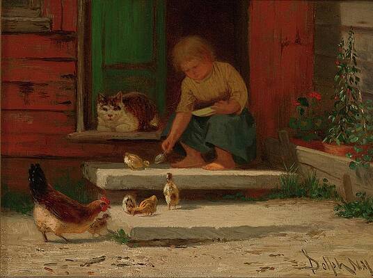 Chicken Painting - Feeding The Chickens by John Henry Dolph