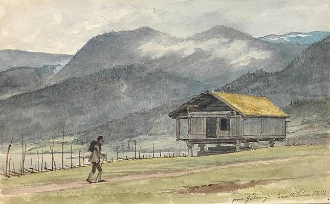 Martinus Rorbye Painting - Fjeldlandskab Med Hytte Og Vandrer by Martinus Rorbye