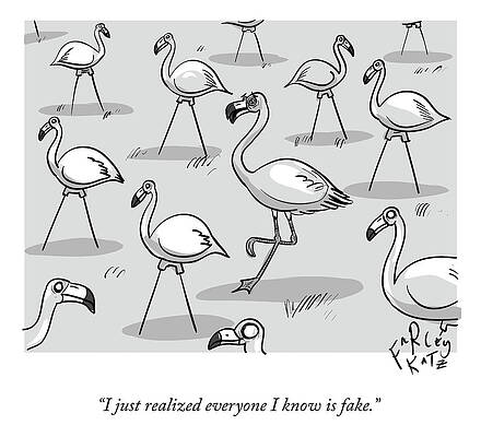 Lonely Wall Art featuring the drawing Flamingo Among Fakes by Farley Katz