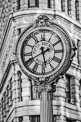 Wall Art featuring the photograph Flatiron And Fifth Ave Clock NYC BW by Susan Candelario