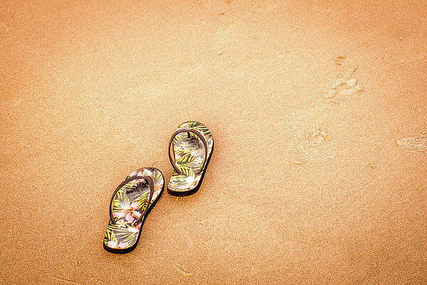 Maine Wall Art featuring the photograph Flip-Flops On The Sand. by Jeff Sinon