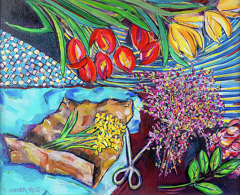 Wall Art featuring the painting Flower Arranging Flat Lay by Seeables Visual Arts
