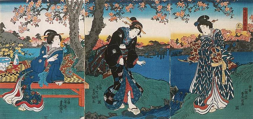 Traditional Japanese Scene with Cherry Blossoms Painting