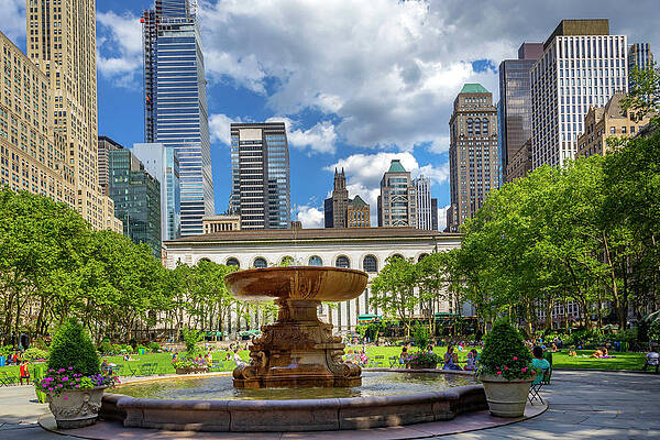 Fountain Wall Art featuring the digital art Fountain, Bryant Park, Nyc by Lumiere