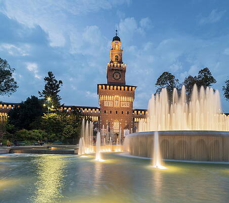 Fountain Wall Art featuring the digital art Fountain On Piazza Castello With Torre by Rainer Mirau