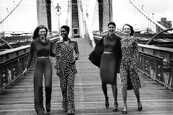 Wall Art featuring the photograph Four Models On A Bridge Wearing Diane Von by Mike Reinhardt