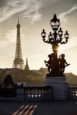 Lamp Wall Art featuring the digital art France, Ile-de-france, Paris, Tour Eiffel, Invalides, Alexander IIi Bridge, Pont Alexandre IIi, Lamp With Statues Of Bridge Alexander IIi And Eiffel Tower In Background by Massimo Ripani