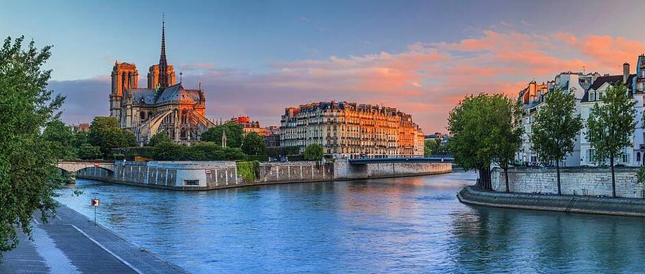 Wall Art featuring the digital art France, Ile-de-france, Seine, Paris, Ile De La Cite, Ile Saint-louis, Notre Dame De Paris, View Of The Notre-dame Cathedral And The River Seine At Sunset by Alessandro Saffo