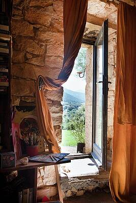 French Window With View Of Mountain Landscape In Stone Wall Print