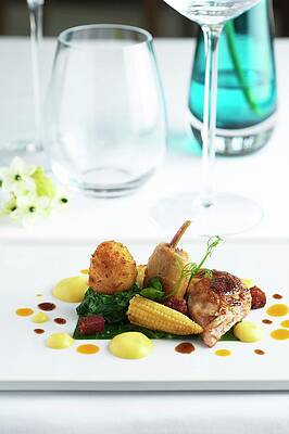 Fried Quail With Baby Sweetcorn, Spinach And Croquettes Print