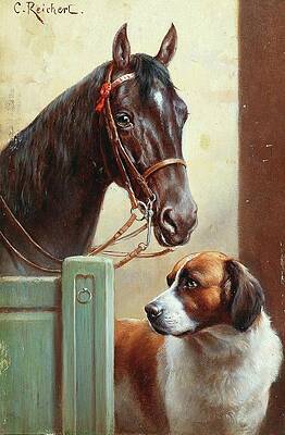 Dog Painting - Friends, A Bay And A St Bernard In A Stable by Carl Reichert