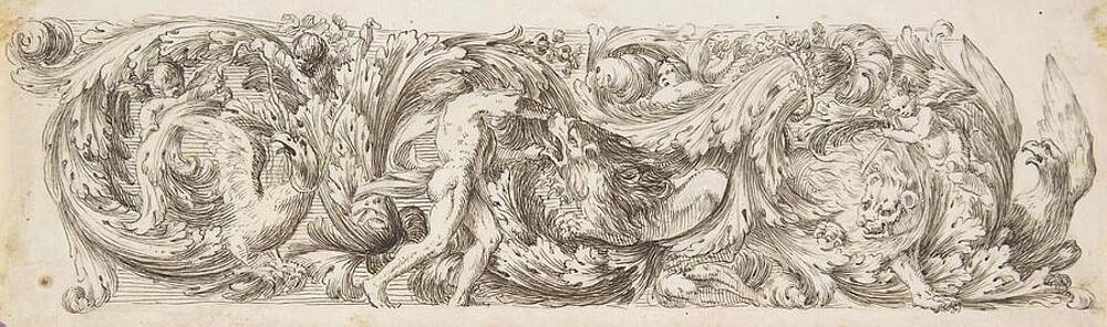 Acanthus Scrolls with Man and Lion Fight Wall Art