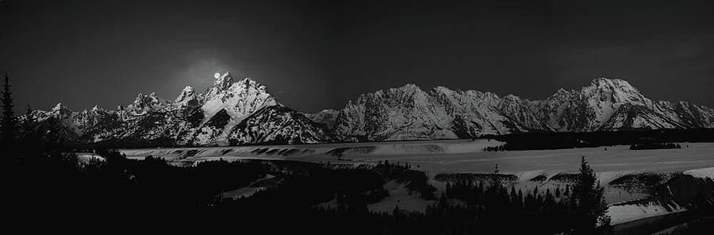 Wall Art featuring the photograph Full Moon Sets In The Tetons Panorama by Raymond Salani III