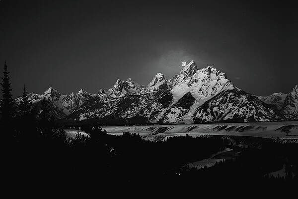 Wall Art featuring the photograph Full Moon Sets In The Tetons by Raymond Salani III