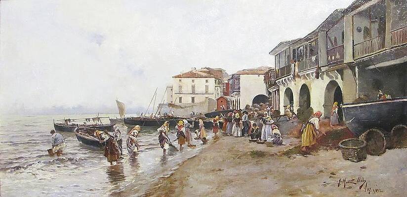 Traditional Painting - Gathering Seaweed On The Banks Of The Berbes, Vigo by Juan Martinez Abades