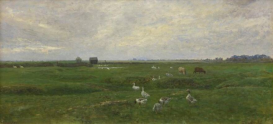 Flock Painting - Geese By A Lake. A Storm Is Brewing. Dragor, The Island by Viggo Johansen