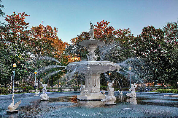 Fountain Wall Art featuring the digital art Georgia, Savannah, Forsyth Fountain, Historic District. by Lumiere
